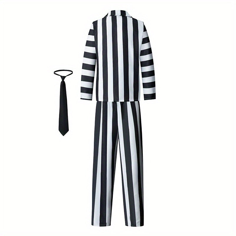 Men’s Halloween Striped Suit | 3-Piece Costume Set with Long Sleeve Jacket