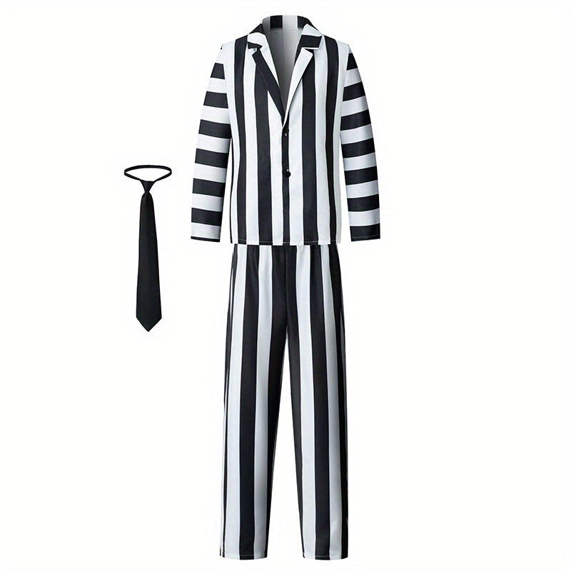 Men’s Halloween Striped Suit | 3-Piece Costume Set with Long Sleeve Jacket