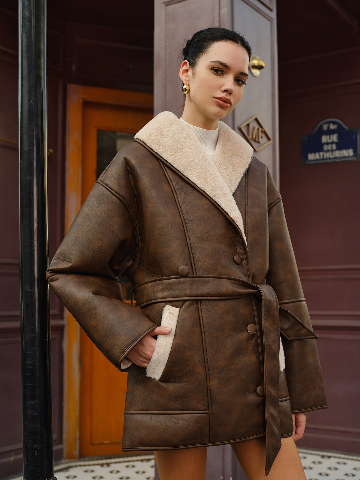 Meredith | Plush Pockets Belted Faux Leather Fleece Jacket