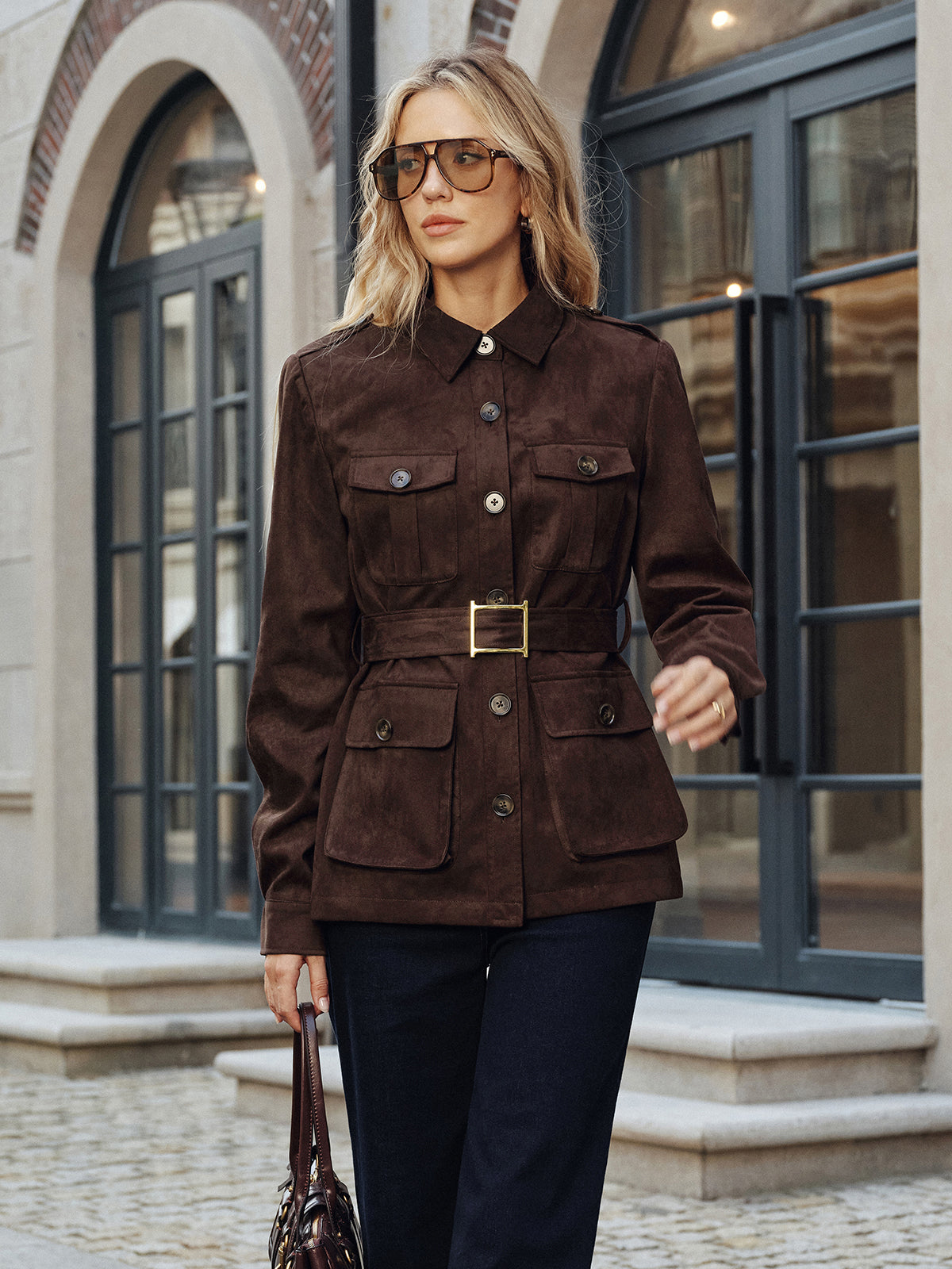 Murphy | Structured Multi-Pocket Belted Suede Trench Coat