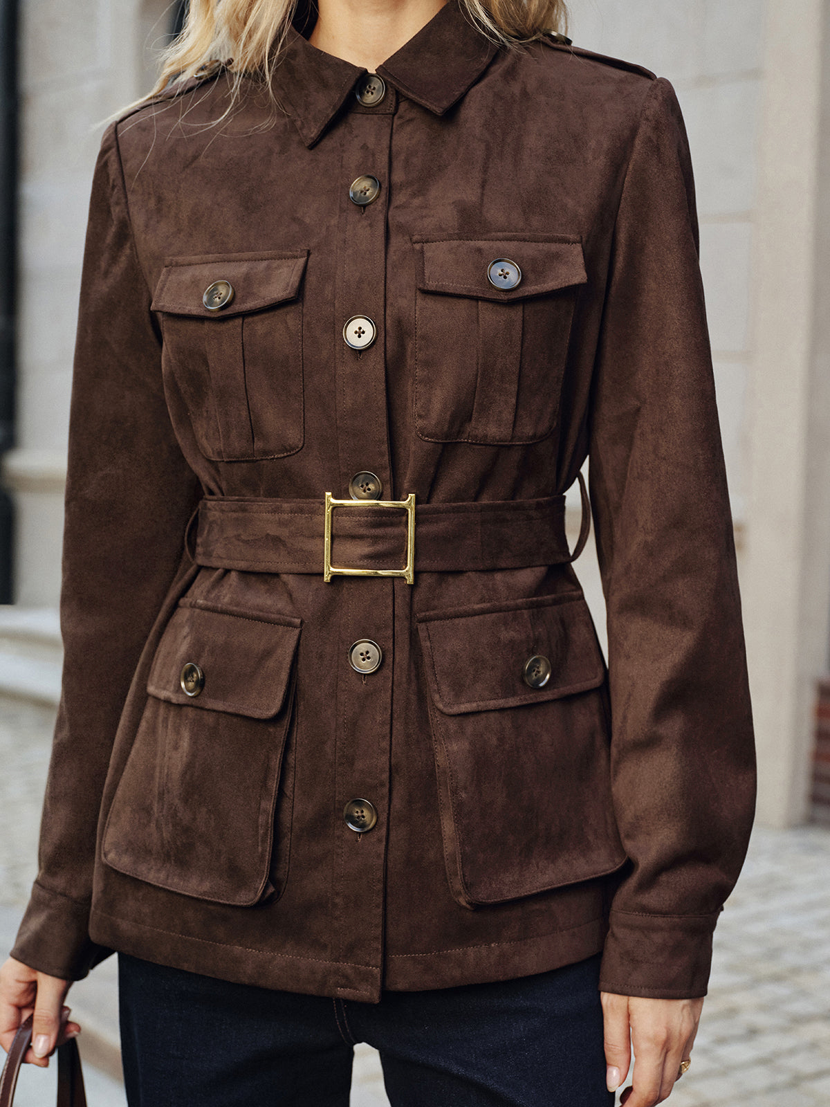 Murphy | Structured Multi-Pocket Belted Suede Trench Coat