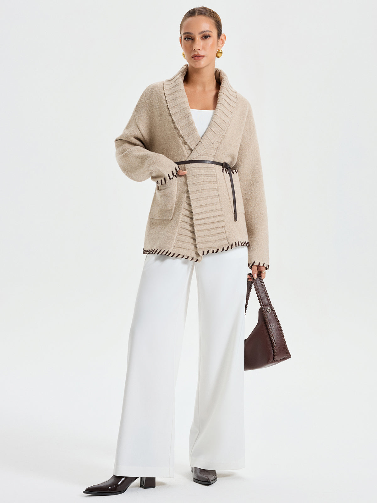 Quincy | Contrast Stitched Knit Belted Outerwear