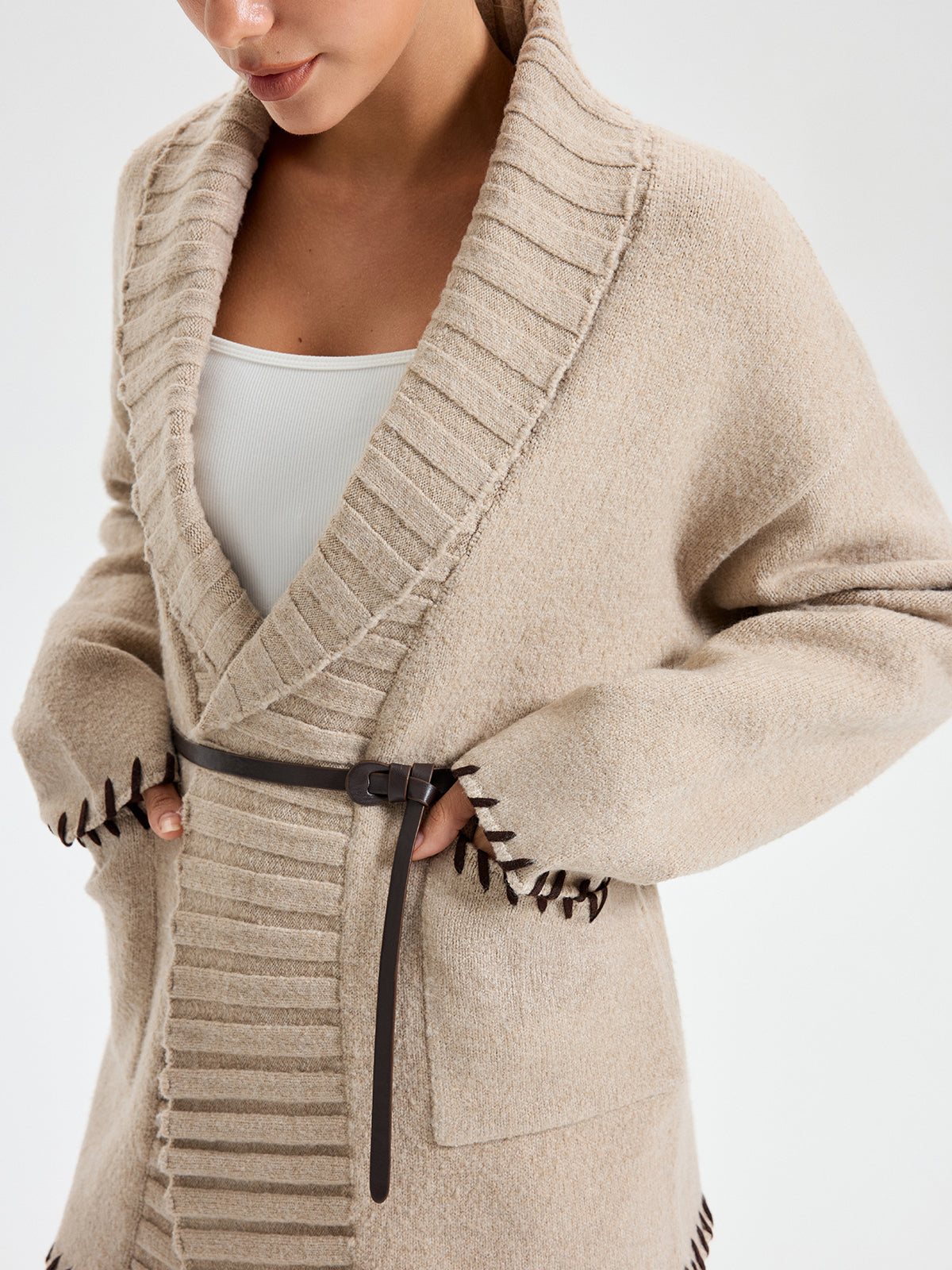 Quincy | Contrast Stitched Knit Belted Outerwear