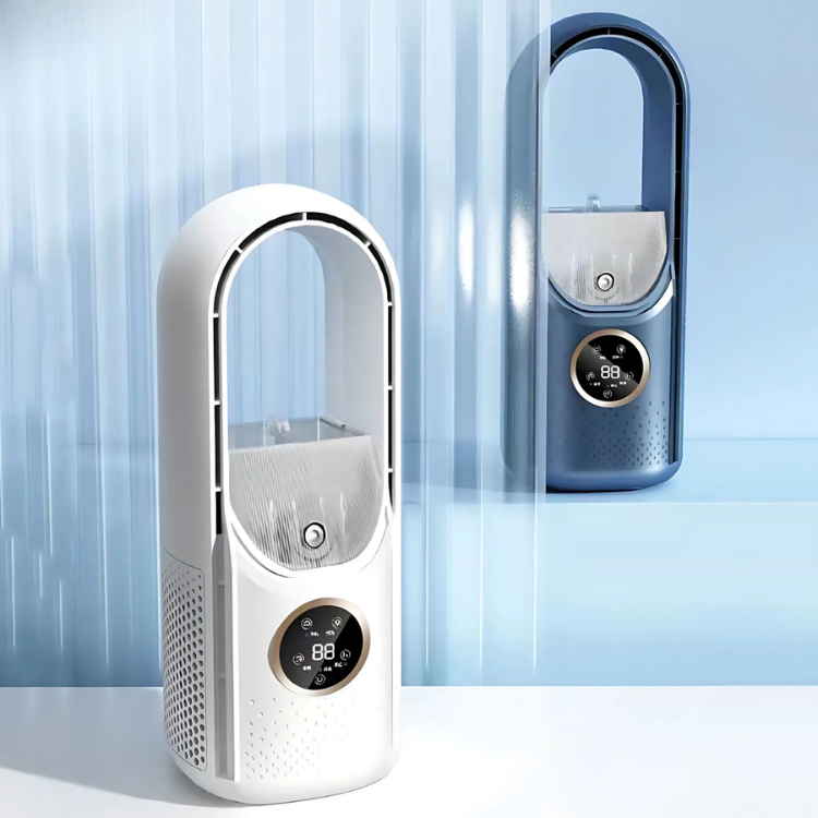 SilentBreeze Air Cooler – A bladeless USB fan with 6 levels, a timer, and humidification, operating quietly.
