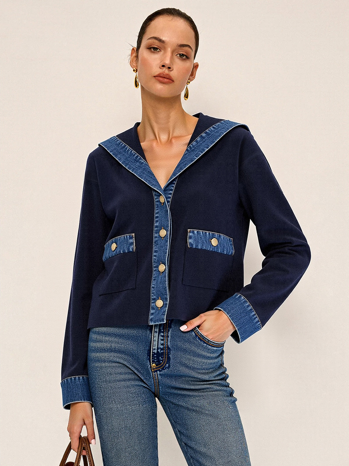Racy | Denim Sailor Collar Knit Outerwear
