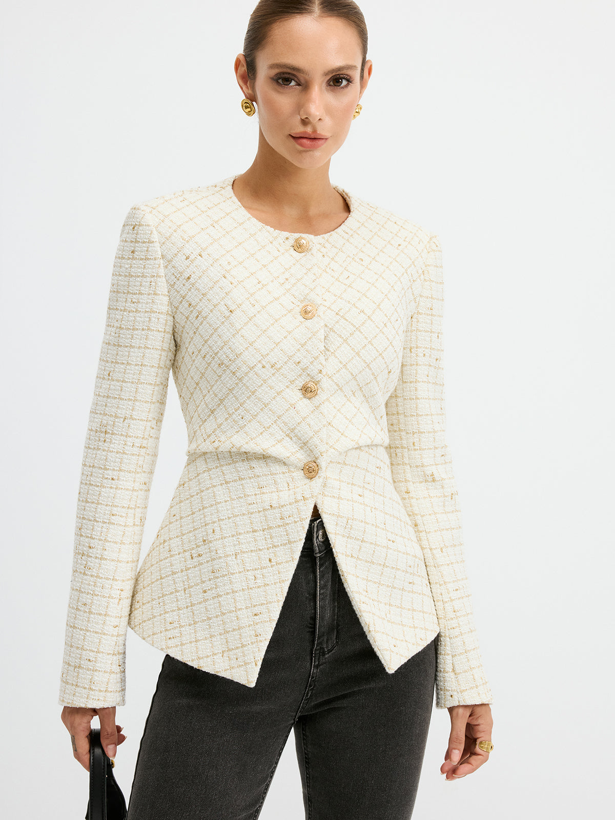 Romina | Sleek Tweed Round Neck Waist-Cinching Blazer