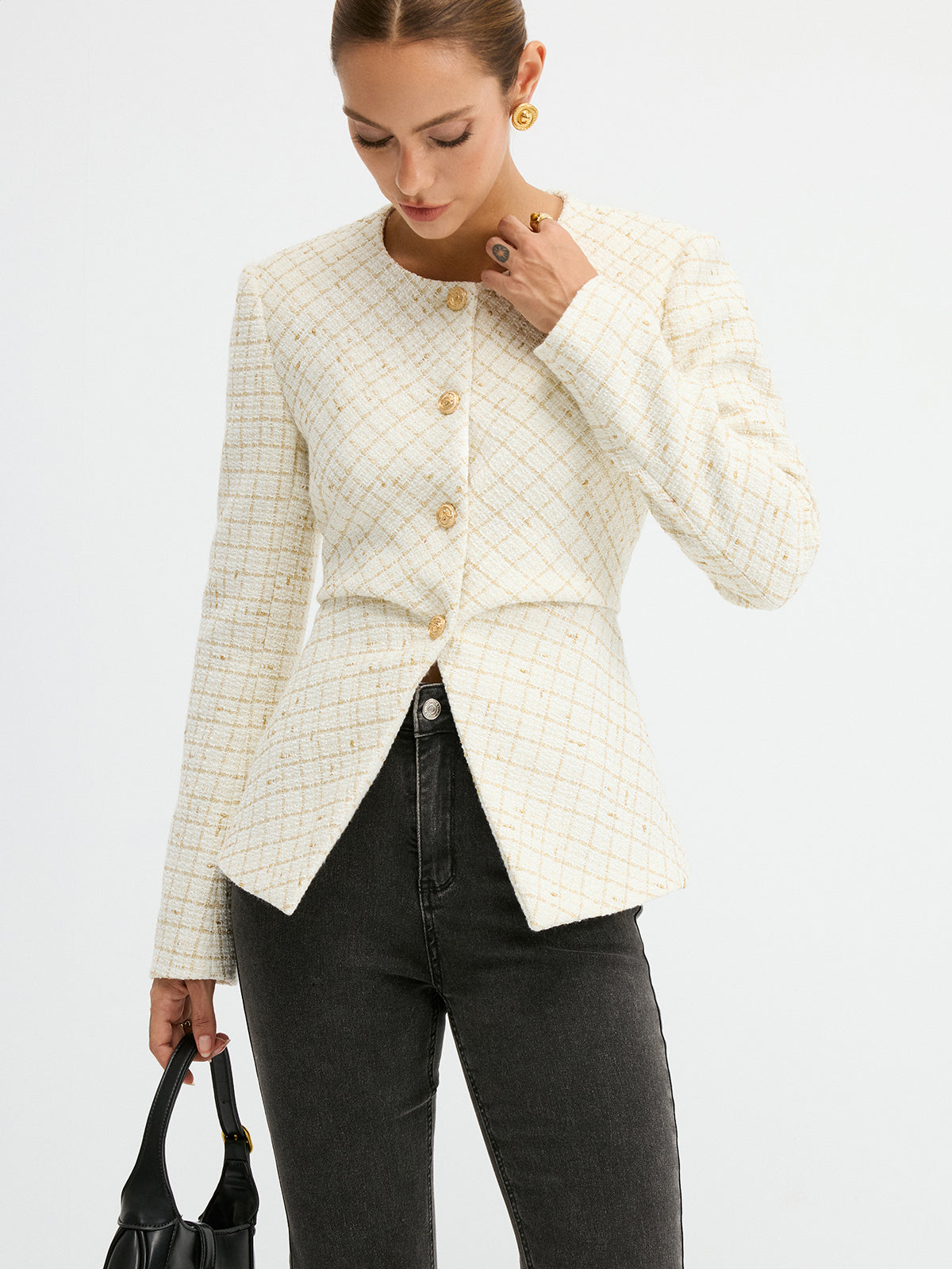 Romina | Sleek Tweed Round Neck Waist-Cinching Blazer