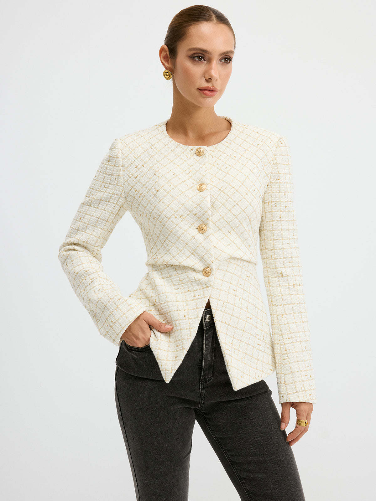 Romina | Sleek Tweed Round Neck Waist-Cinching Blazer