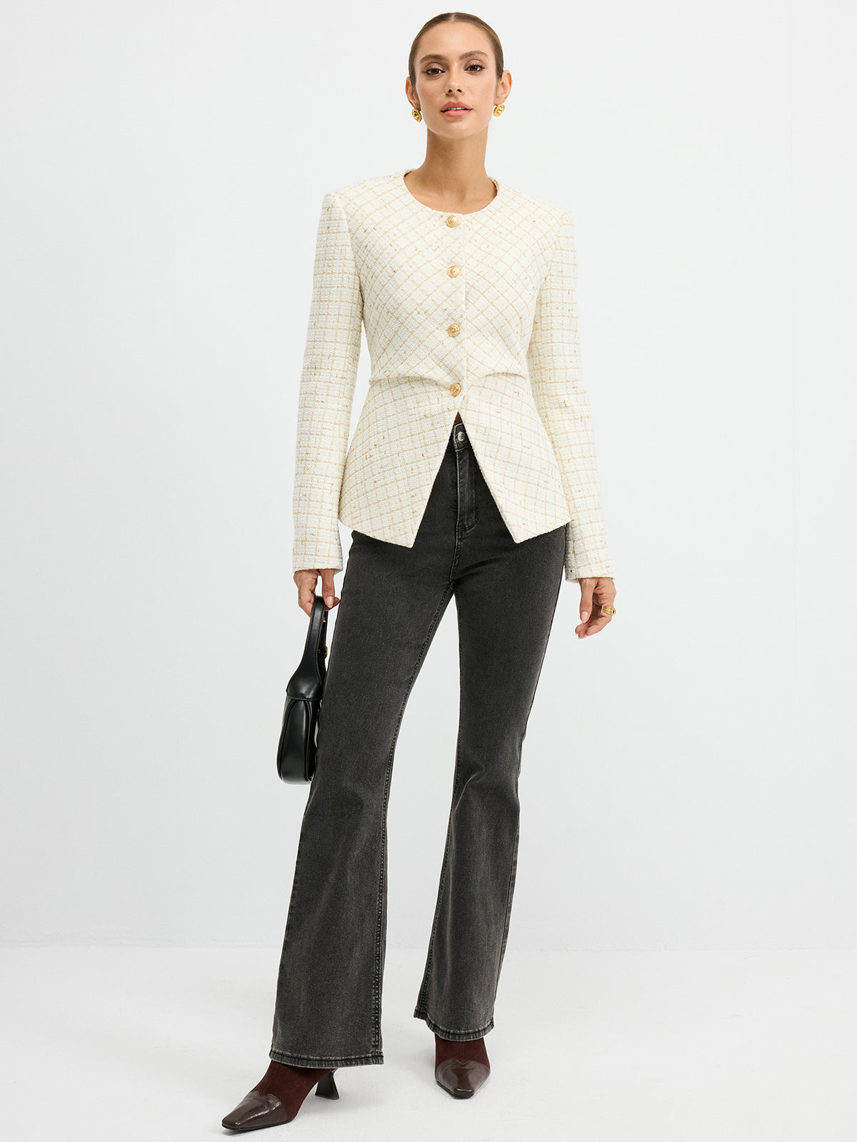 Romina | Sleek Tweed Round Neck Waist-Cinching Blazer
