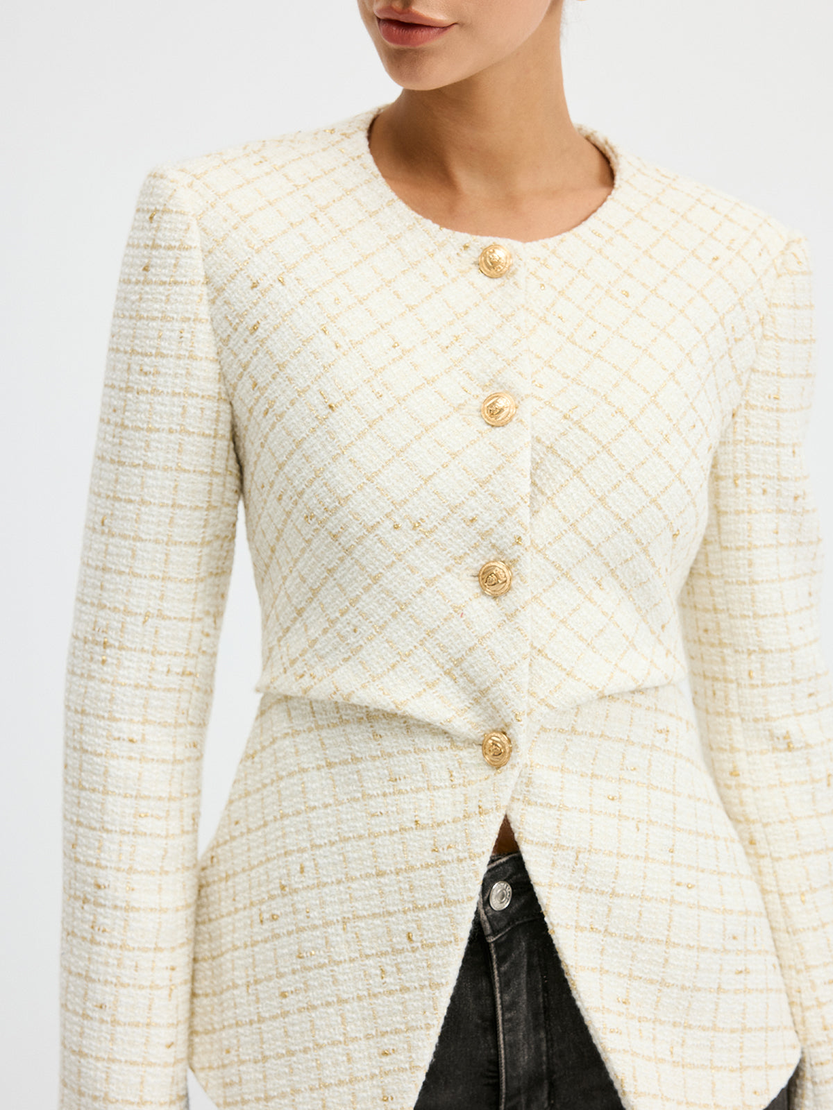 Romina | Sleek Tweed Round Neck Waist-Cinching Blazer