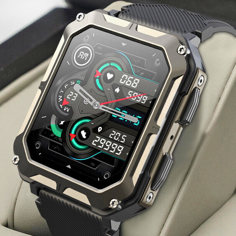 Heavy-Duty Rugged Smartwatch with Gorilla Glass Screen, Stainless Steel Body, Waterproof Fitness Tracking, and Health Features