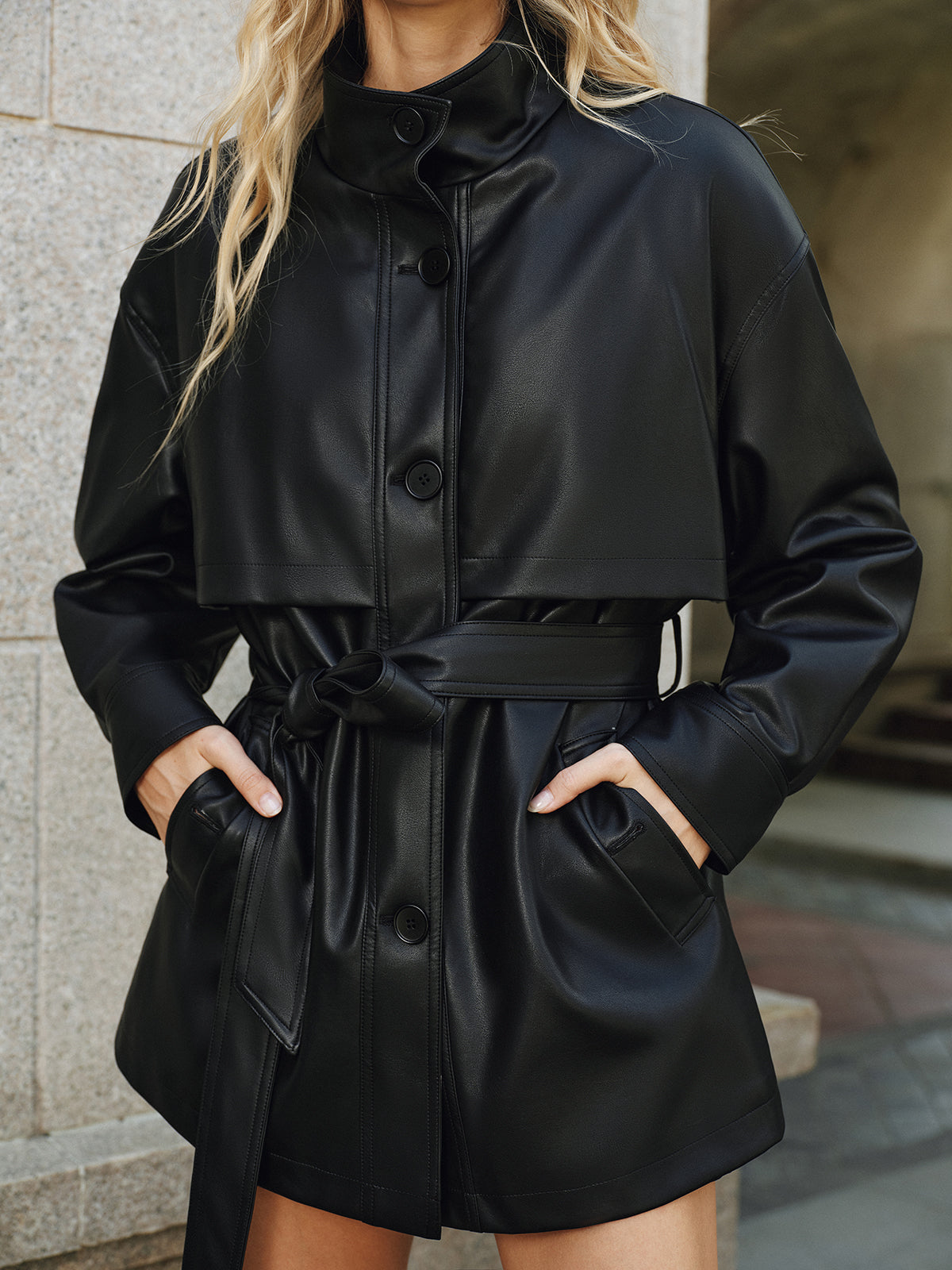 Shane | Stand Collar Belted PU Outerwear