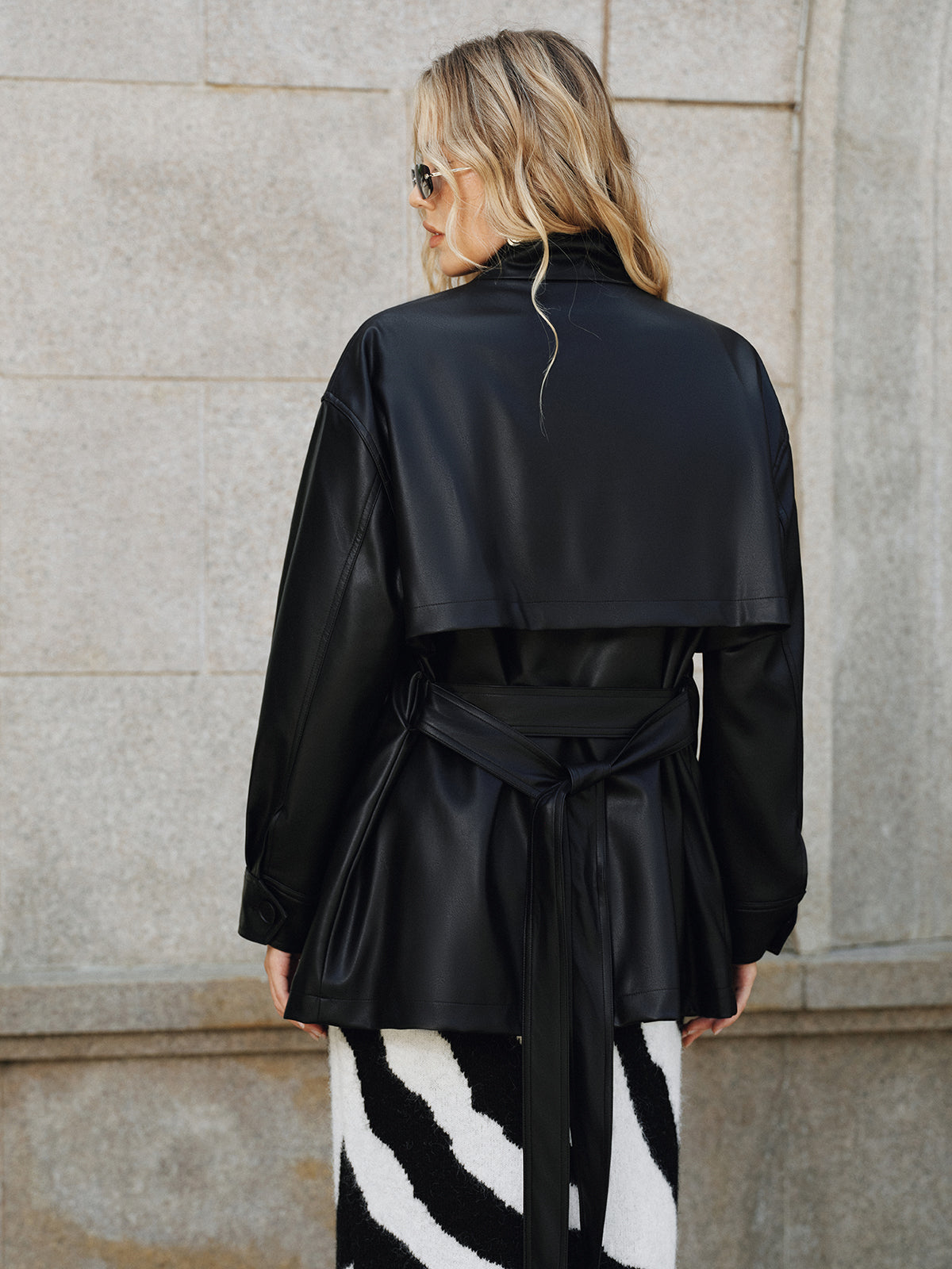 Shane | Stand Collar Belted PU Outerwear