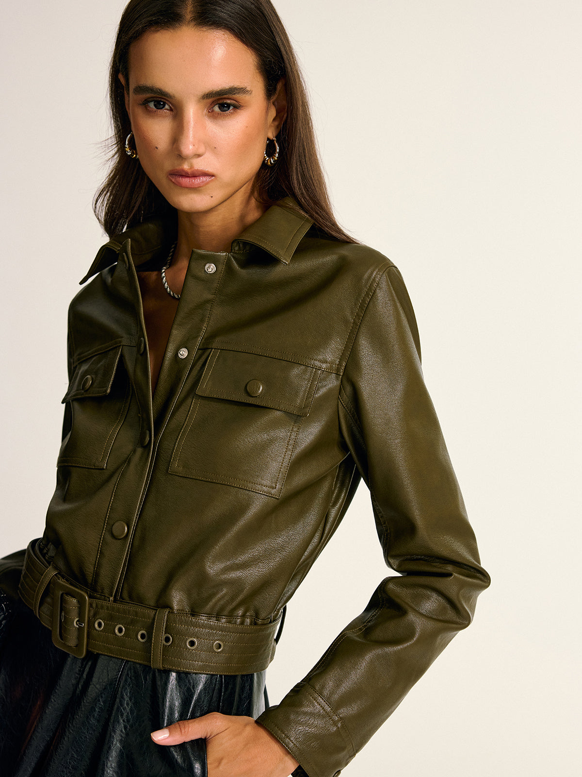 Teressa | Belted PU Cargo Shirt Jacket