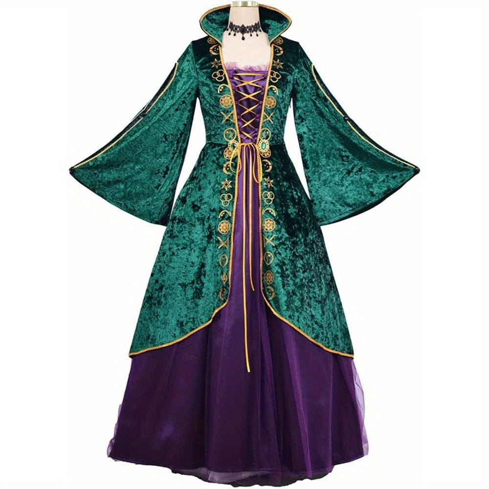 Halloween Velvet Maxi Dress for Women – Witchy Costume with Long Sleeves