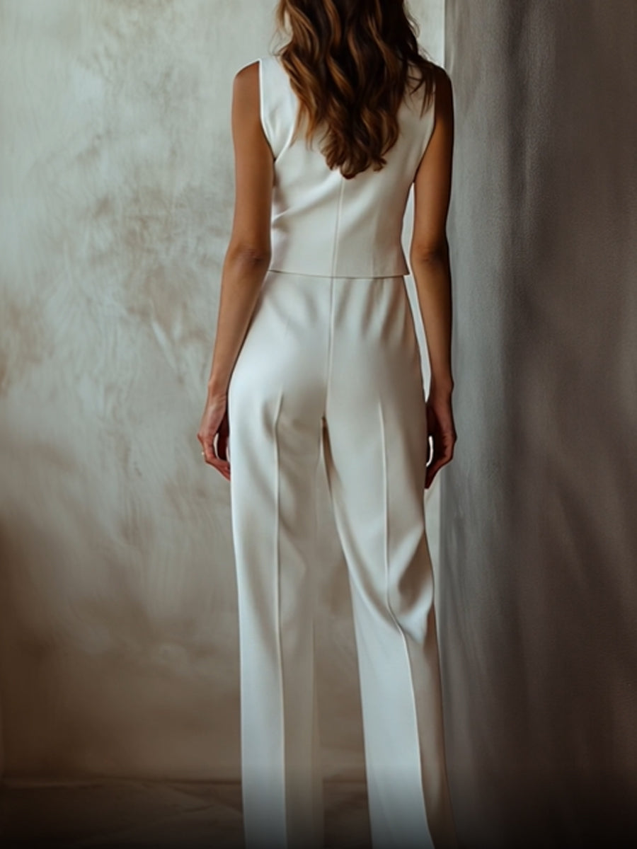 White Sleeveless Blazer Straight Pant Set by All City Mart