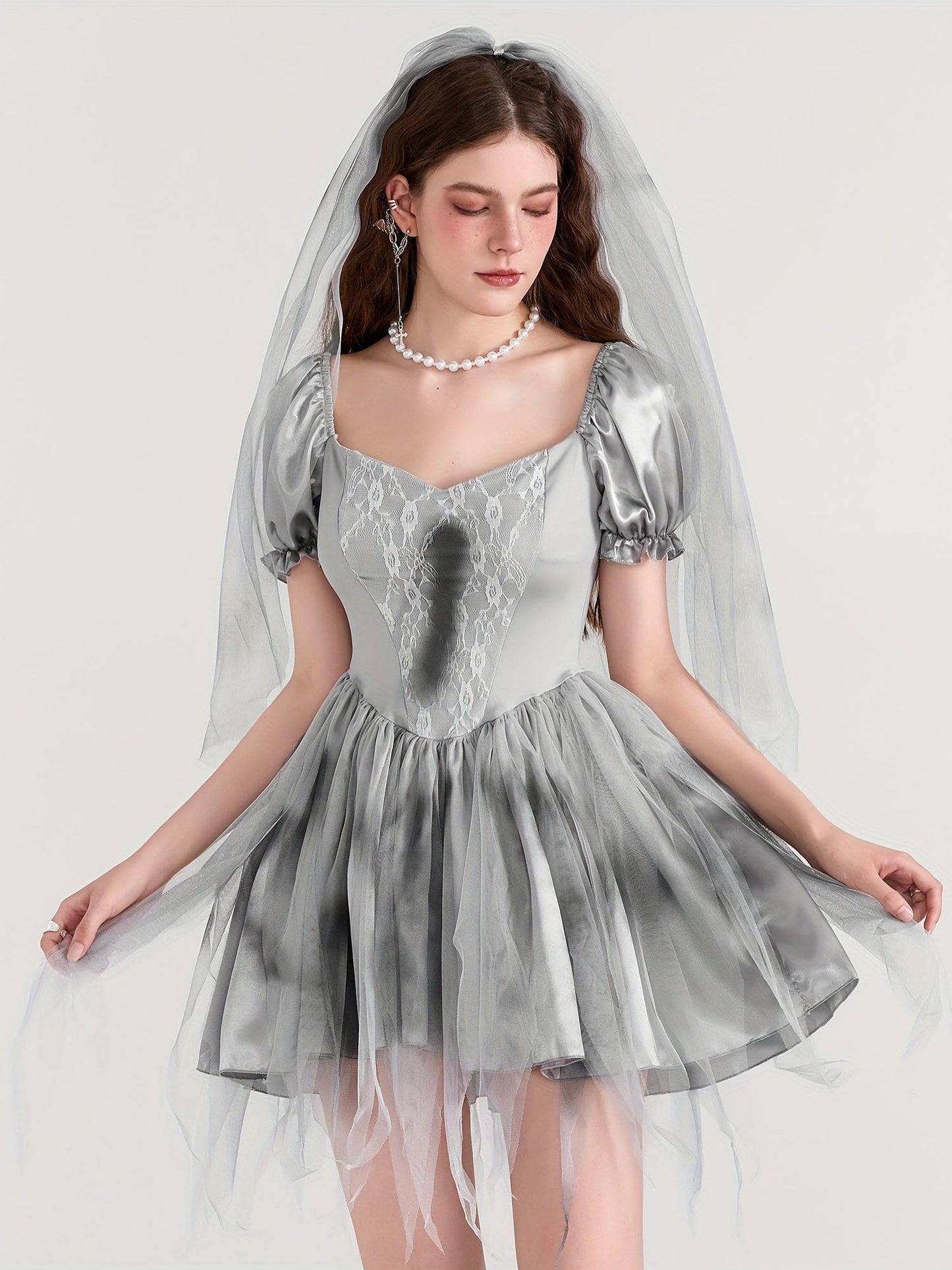 Women’s Puff Sleeve Mini Dress | Gothic Corpse Bride Halloween Costume