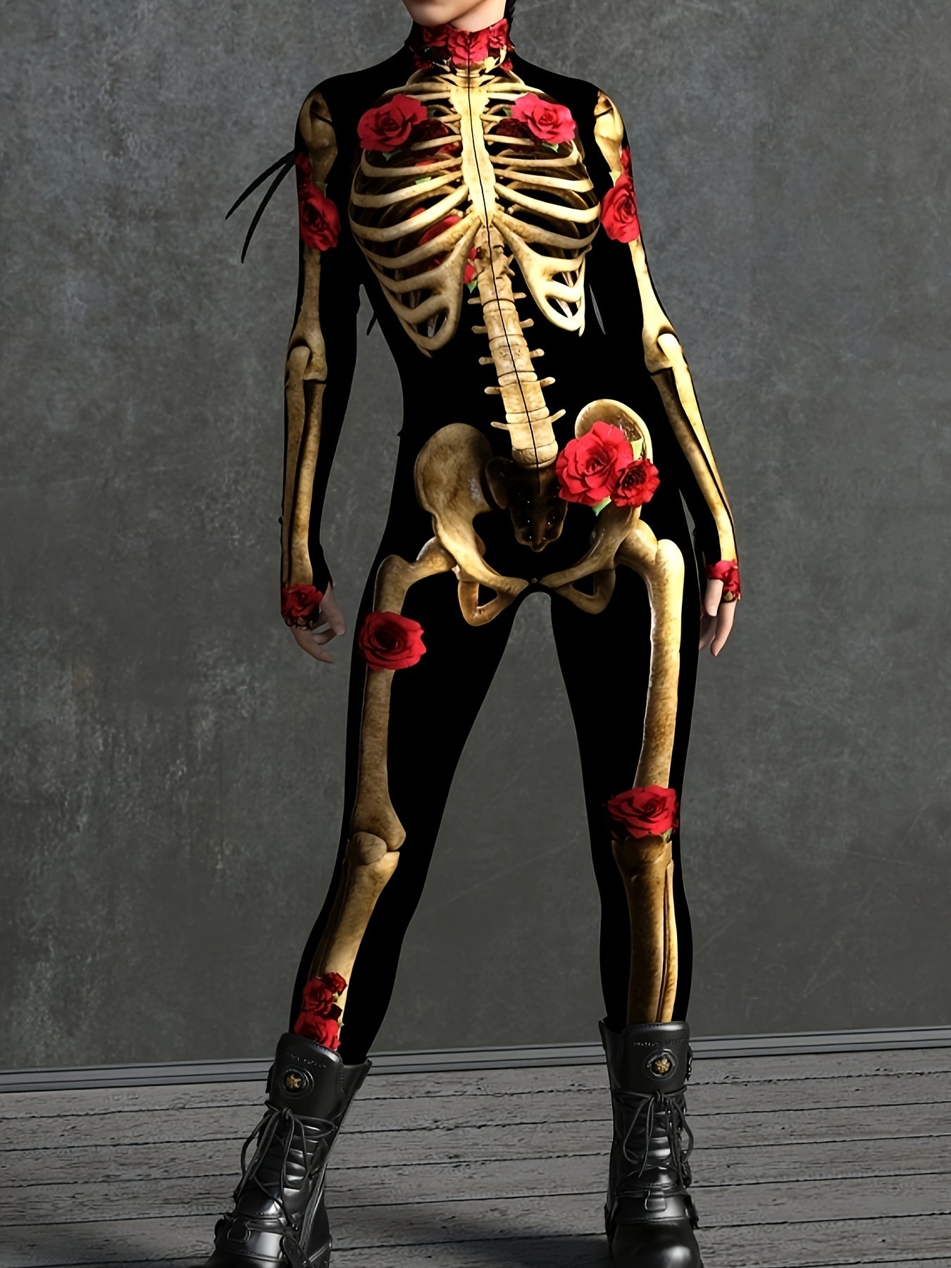 Women’s Skeleton Print Halloween Costume Jumpsuit | Long Sleeve Stretch Fit