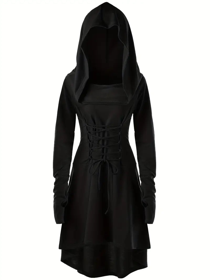 Women’s Hooded Gothic Halloween Dress | Lace-Up Long Sleeve Costume