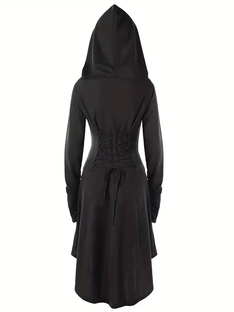 Women’s Hooded Gothic Halloween Dress | Lace-Up Long Sleeve Costume