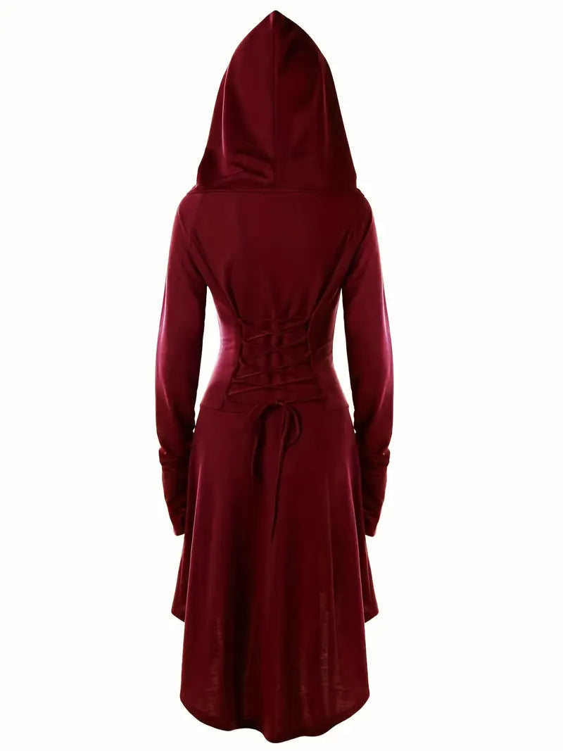 Women’s Hooded Gothic Halloween Dress | Lace-Up Long Sleeve Costume