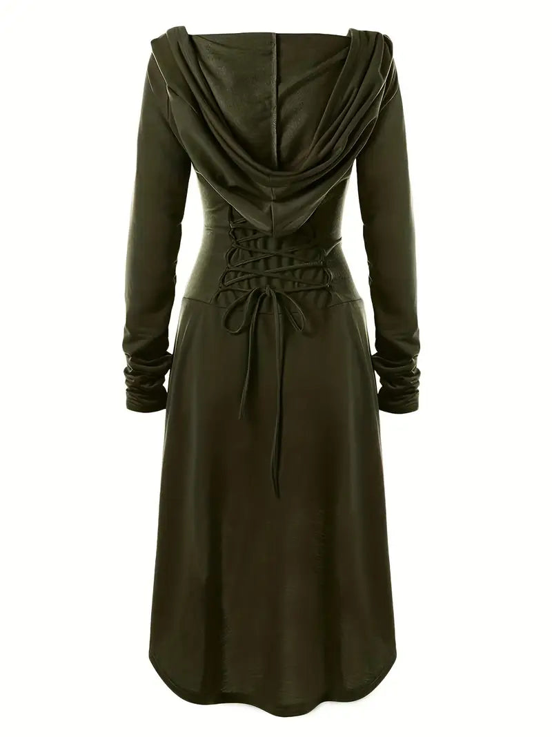 Women’s Hooded Gothic Halloween Dress | Lace-Up Long Sleeve Costume