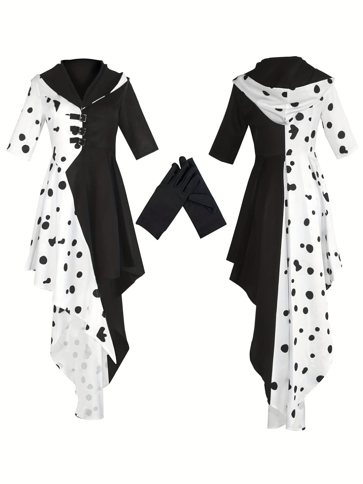 Women’s Dalmatian Costume Gown | Hooded High-Low Asymmetrical Halloween Dress