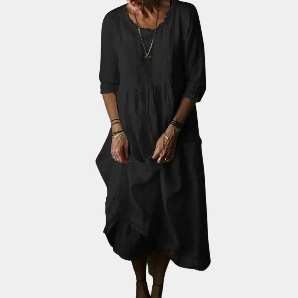 Heirloom Midi Dress – A vintage-style midi dress with elbow sleeves, made from a cotton-linen blend.