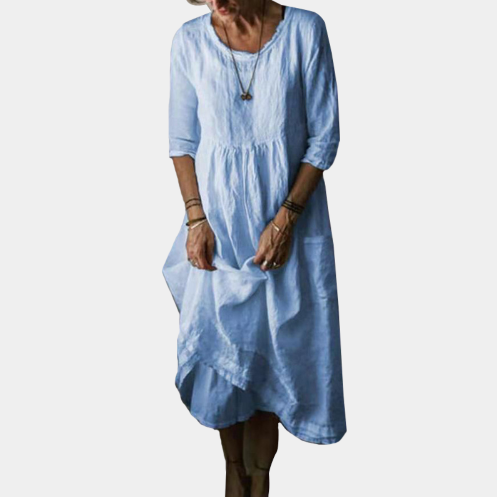 Heirloom Midi Dress – A vintage-style midi dress with elbow sleeves, made from a cotton-linen blend.