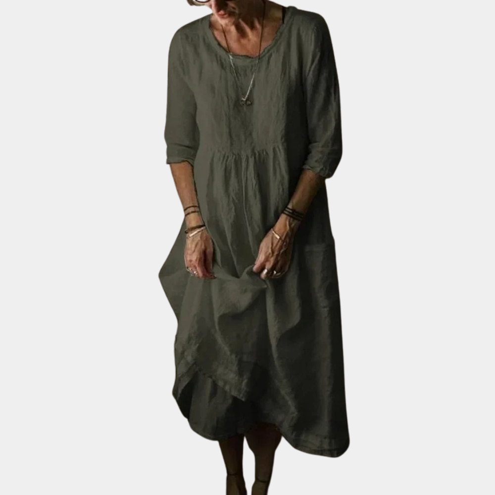 Heirloom Midi Dress – A vintage-style midi dress with elbow sleeves, made from a cotton-linen blend.