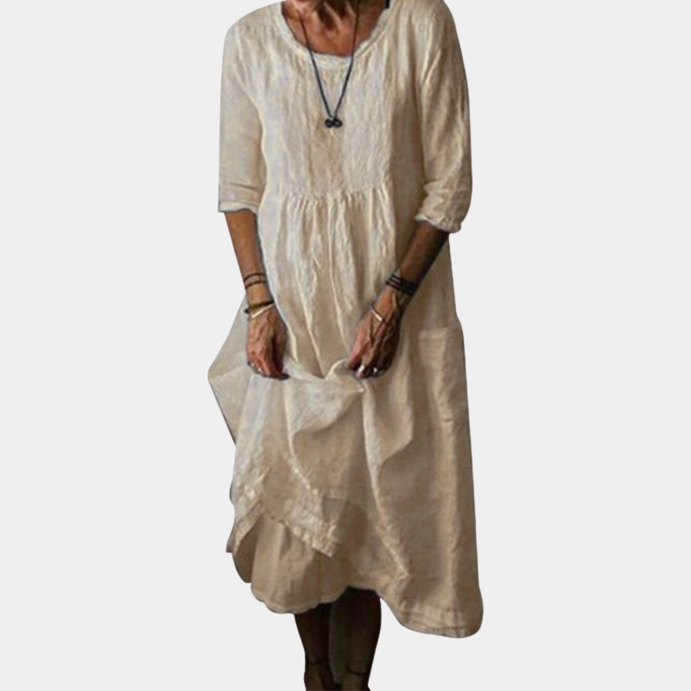 Heirloom Midi Dress – A vintage-style midi dress with elbow sleeves, made from a cotton-linen blend.