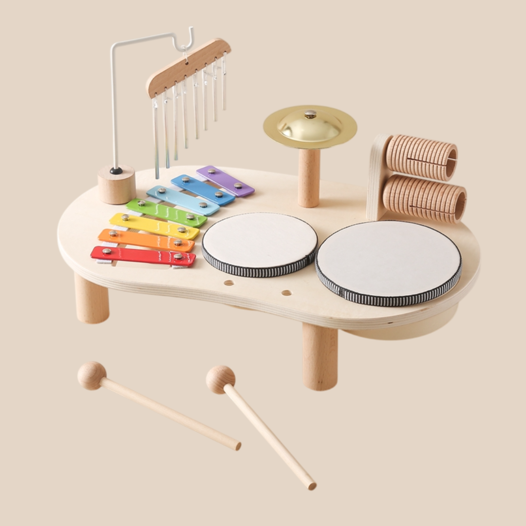 Educational Wooden Music Table – Xylophone, Drums & Rattles for Creative Kids Play