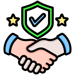 Icon of two hands shaking with a green shield and checkmark, symbolizing agreement or partnership.
