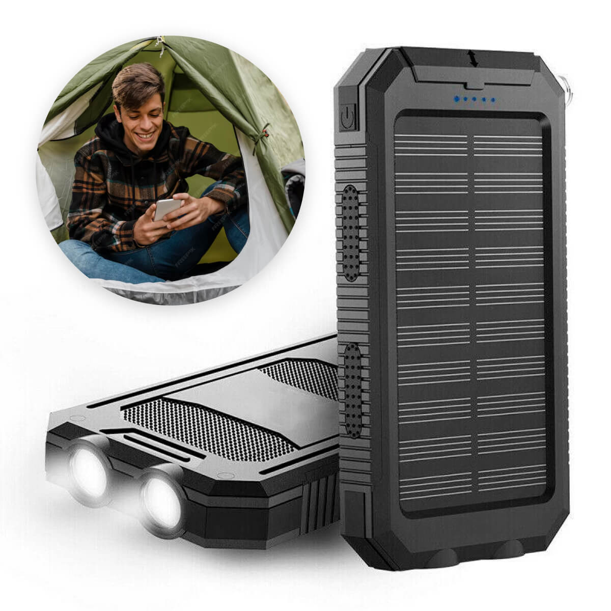 High-Capacity Solar Power Bank – 500000mAh Waterproof Charger with Dual USB and Built-In Flashlight