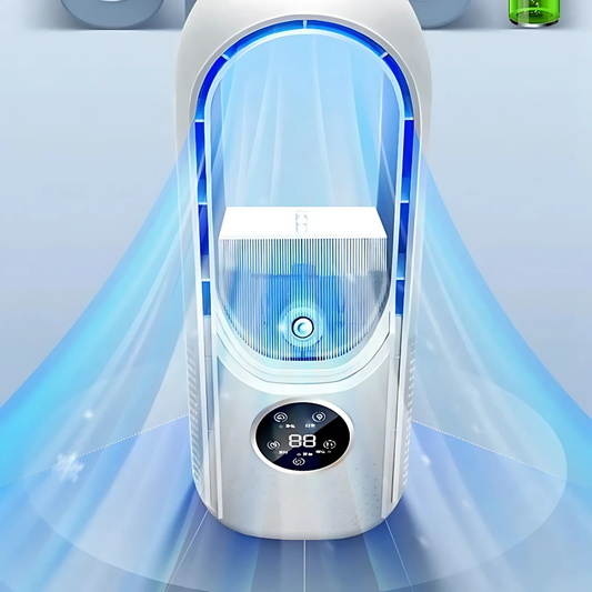 SilentBreeze Air Cooler – A bladeless USB fan with 6 levels, a timer, and humidification, operating quietly.