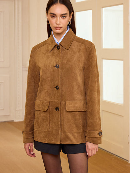 Akira | Collared Button-Front Suede Blazer for Women