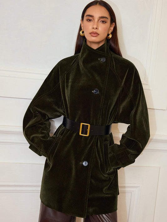 Alexandria | Stylish Pocketed Velvet Coat without Belt