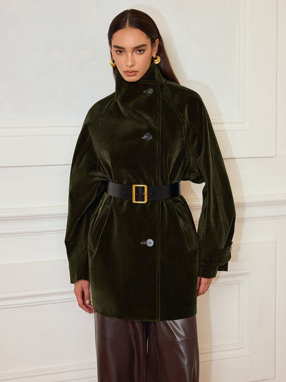 Alexandria | Stylish Pocketed Velvet Coat without Belt