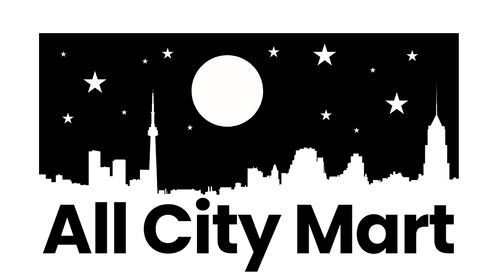 Black and white logo of All City Mart with a city skyline and moon.