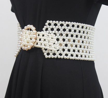 Braided Faux Pearl Wide Waist Belt by All City Mart