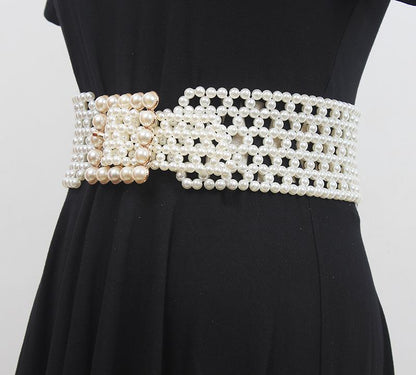 Braided Faux Pearl Wide Waist Belt by All City Mart