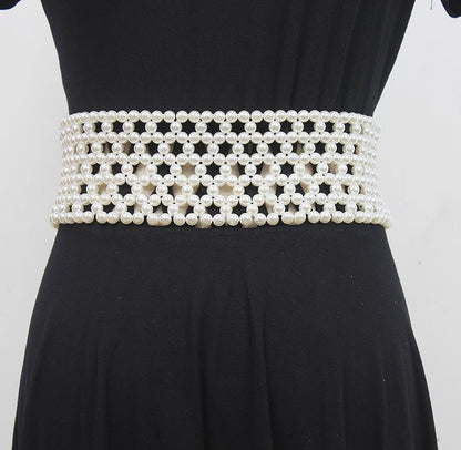 Braided Faux Pearl Wide Waist Belt by All City Mart