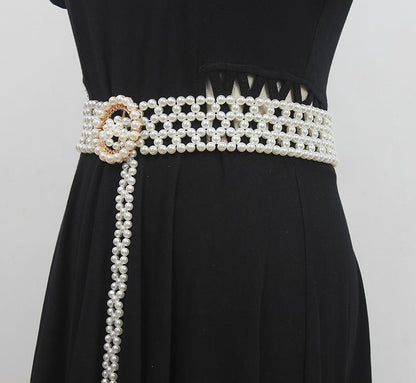 Braided Faux Pearl Wide Waist Belt by All City Mart