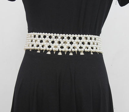Braided Faux Pearl Wide Waist Belt by All City Mart