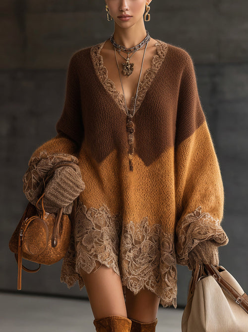 Brown Ombre Knit Lace Hem Oversized Mini Dress by All City Mart
