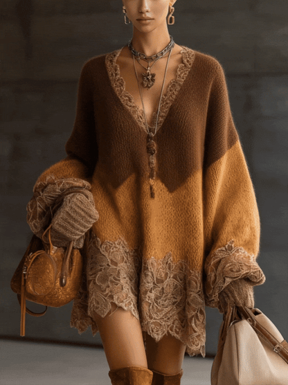 Brown Ombre Knit Lace Hem Oversized Mini Dress by All City Mart