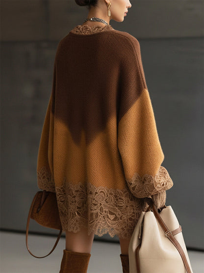 Brown Ombre Knit Lace Hem Oversized Mini Dress by All City Mart