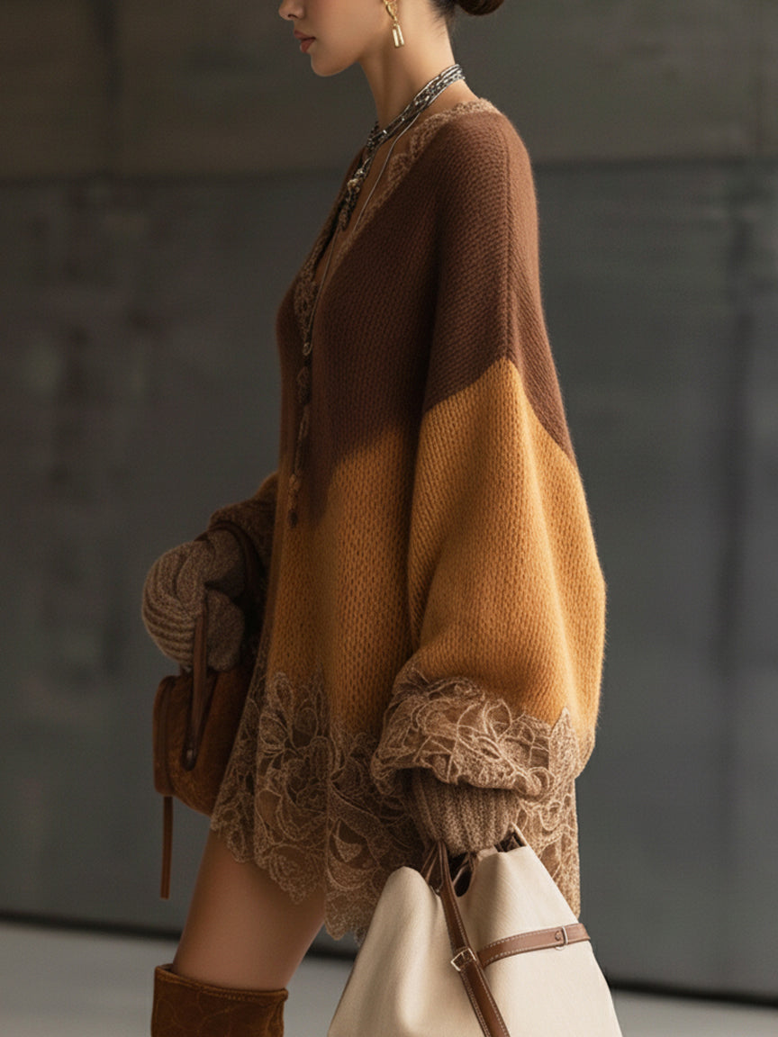 Brown Ombre Knit Lace Hem Oversized Mini Dress by All City Mart