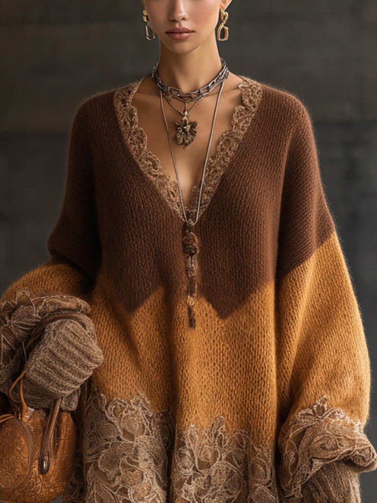 Brown Ombre Knit Lace Hem Oversized Mini Dress by All City Mart