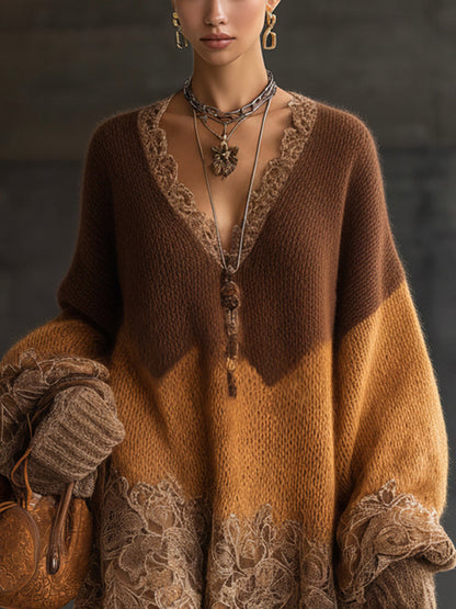 Brown Ombre Knit Lace Hem Oversized Mini Dress by All City Mart
